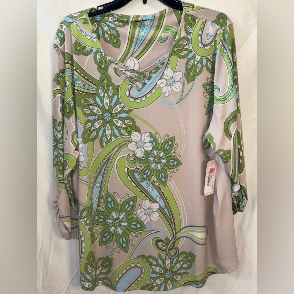 NWT Allison Daley Embellished Neck 3/4 Sleeve Paisley Green/Blue/Tan Size 2X Top